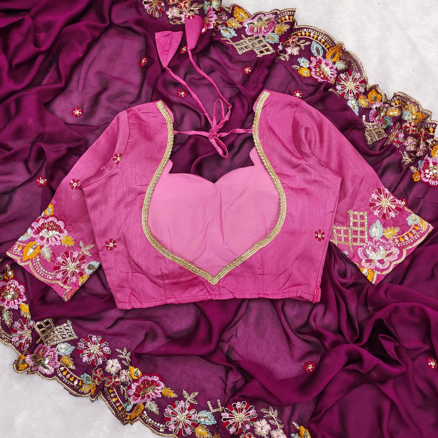 Wine Silk  Embroidery Thread Work Saree