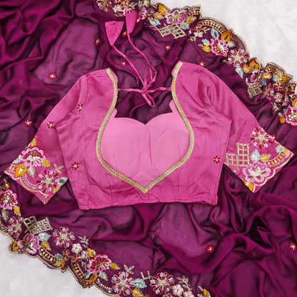 Wine Silk  Embroidery Thread Work Saree