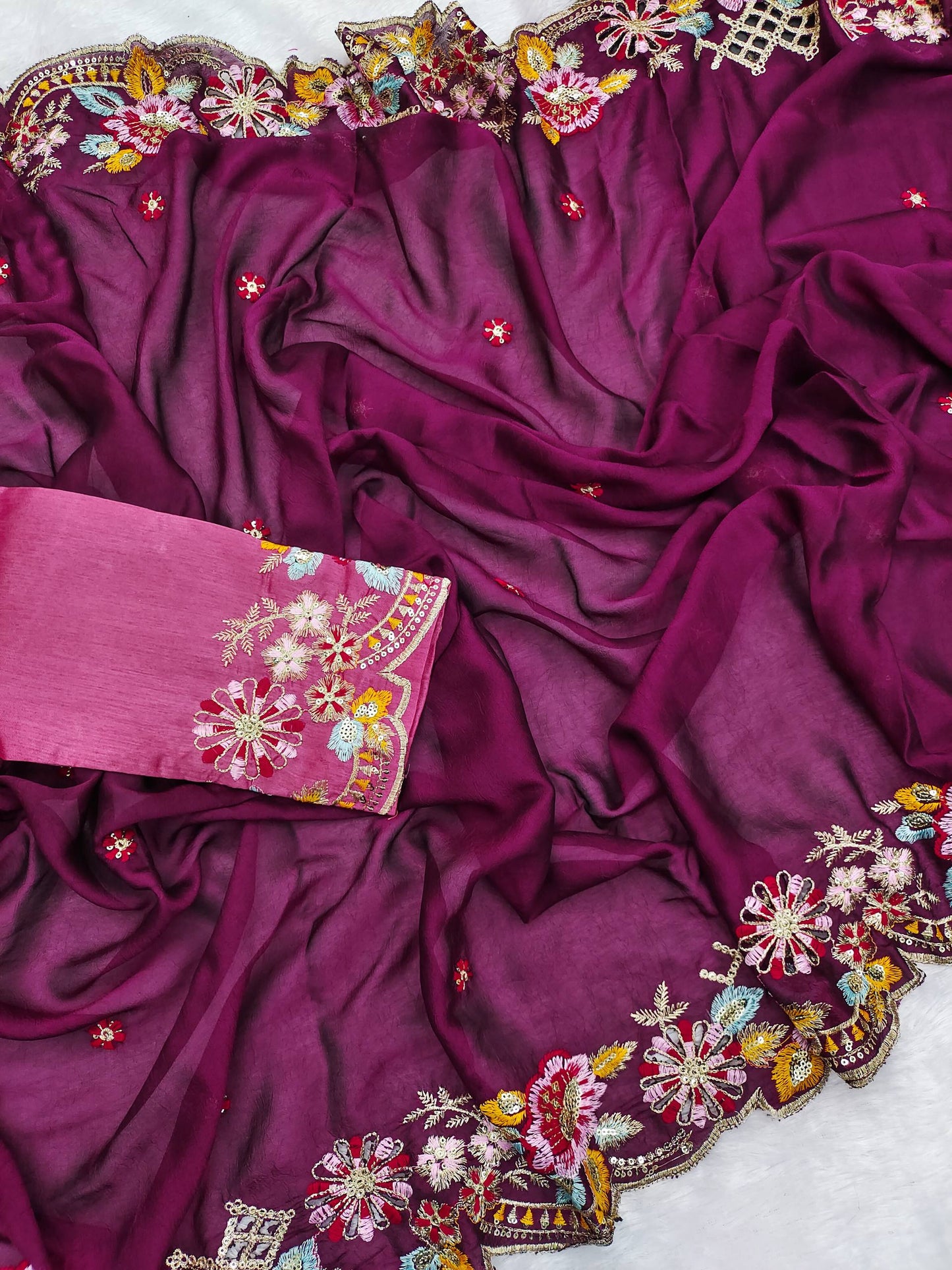Wine Silk  Embroidery Thread Work Saree