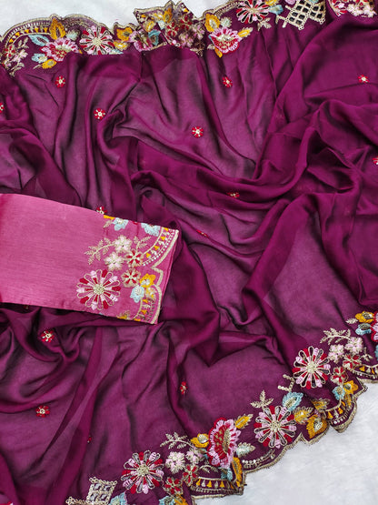 Wine Silk  Embroidery Thread Work Saree
