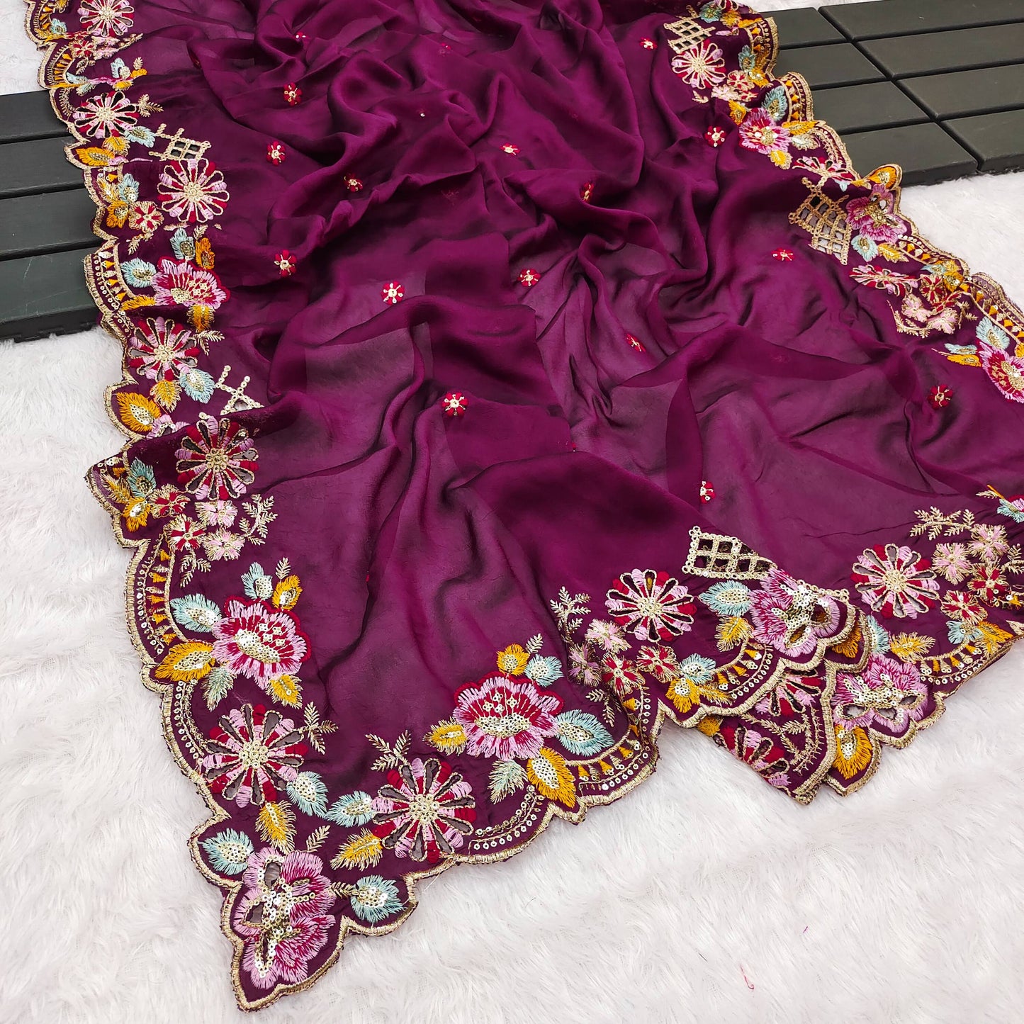 Wine Silk  Embroidery Thread Work Saree