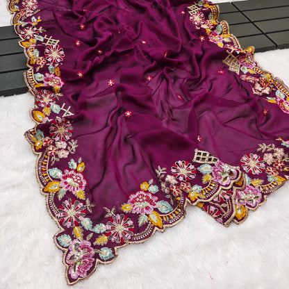 Wine Silk  Embroidery Thread Work Saree
