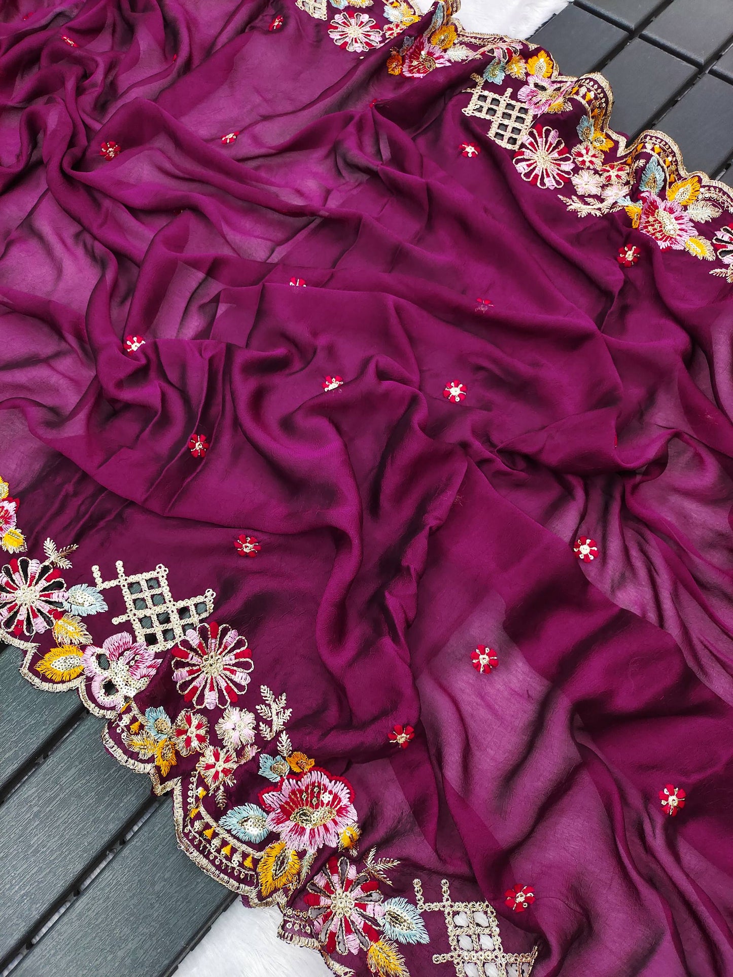 Wine Silk  Embroidery Thread Work Saree