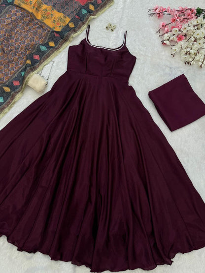 Wine Chinon Anarkali Suit Set With Printed Dupatta