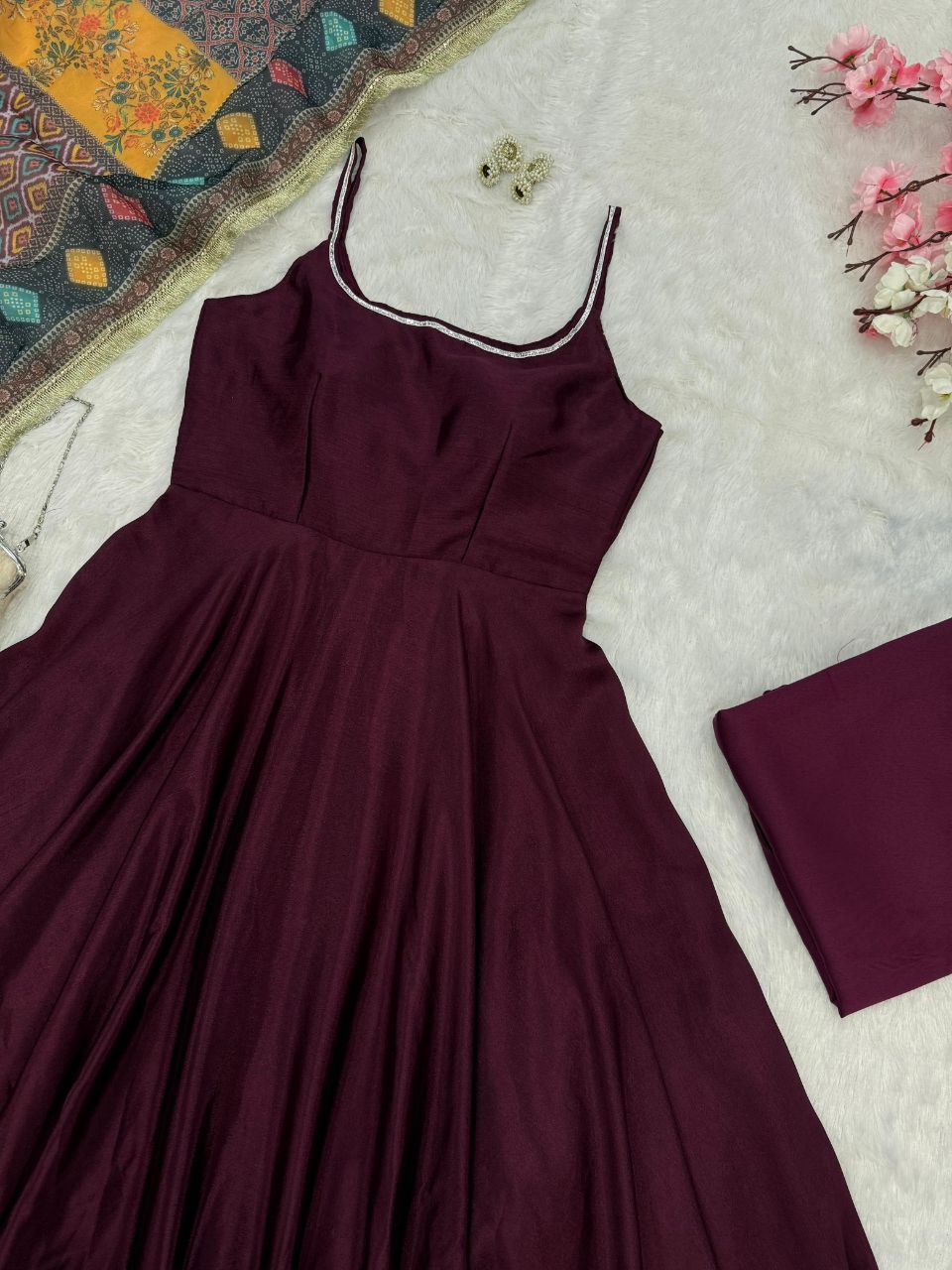 Wine Chinon Anarkali Suit Set With Printed Dupatta