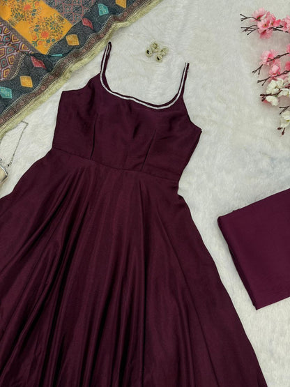 Wine Chinon Anarkali Suit Set With Printed Dupatta