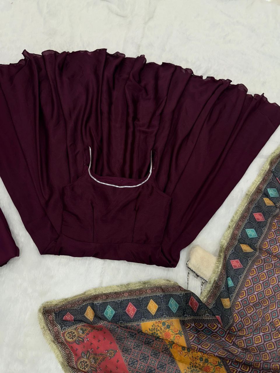 Wine Chinon Anarkali Suit Set With Printed Dupatta