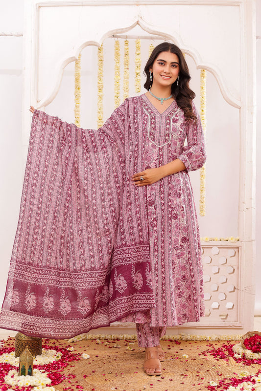 Pink Mul Cotton Kurti Pant Set With Neck Work