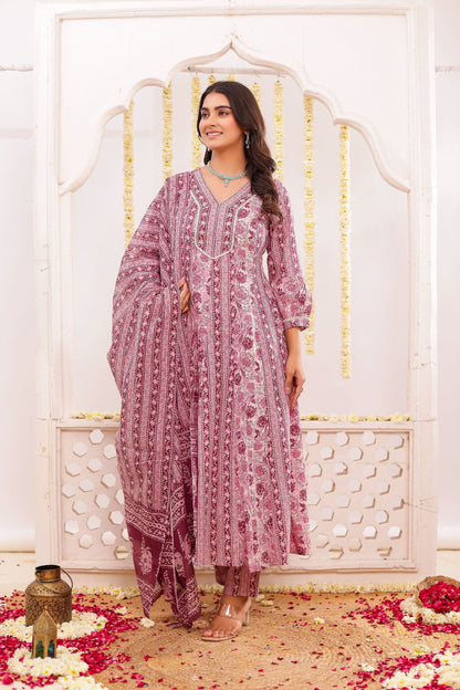 Pink Mul Cotton Kurti Pant Set With Neck Work