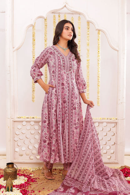 Pink Mul Cotton Kurti Pant Set With Neck Work