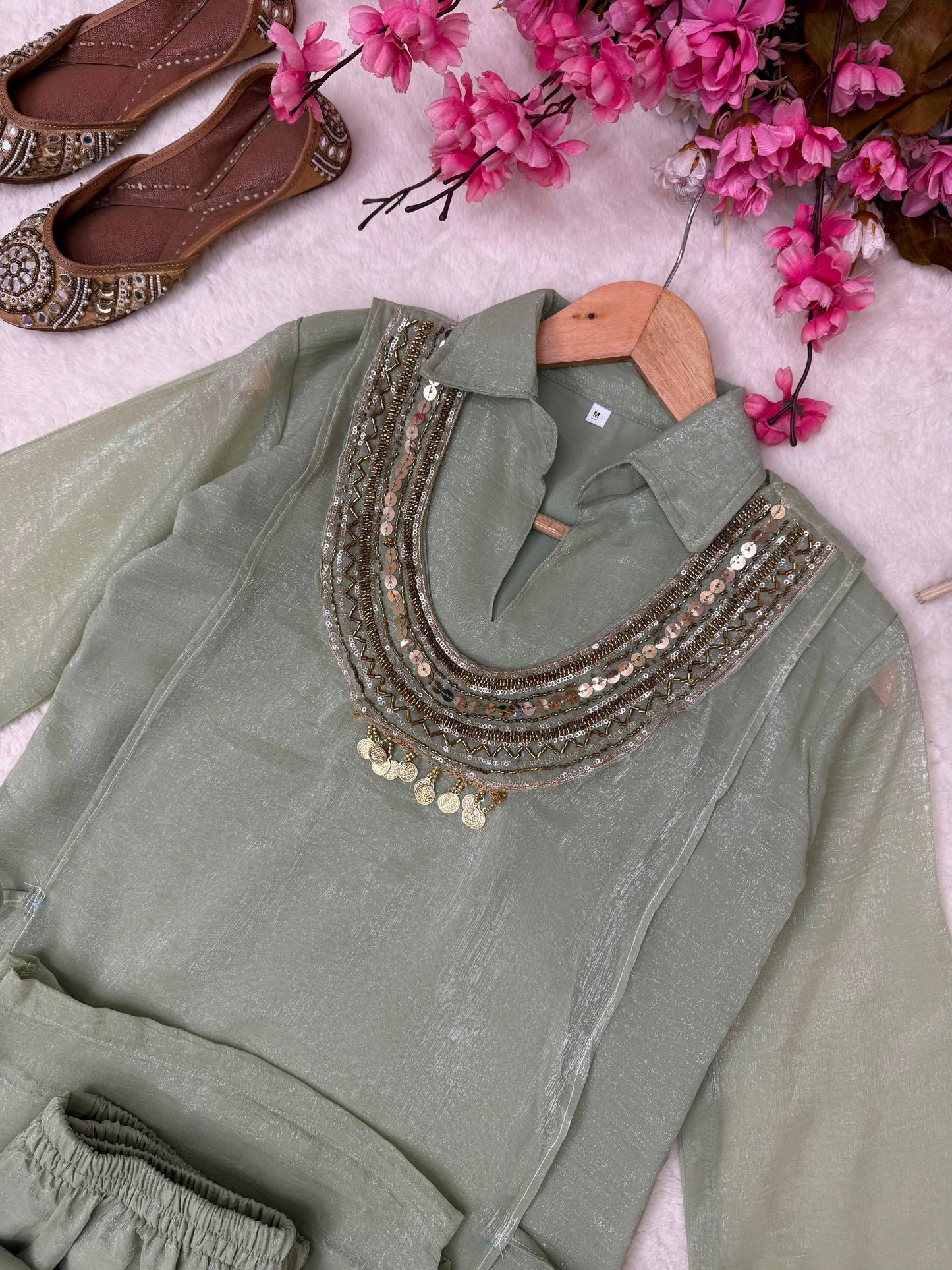 Beautiful Mint Green Gold Crush Co-ord Set