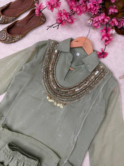 Beautiful Mint Green Gold Crush Co-ord Set