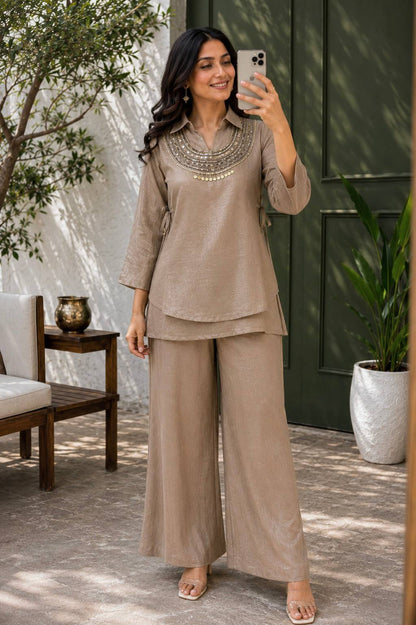 Light Brown Gold Crush Rakhi Special Co-ord Set