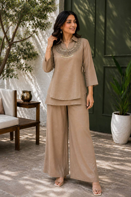 Light Brown Gold Crush Rakhi Special Co-ord Set