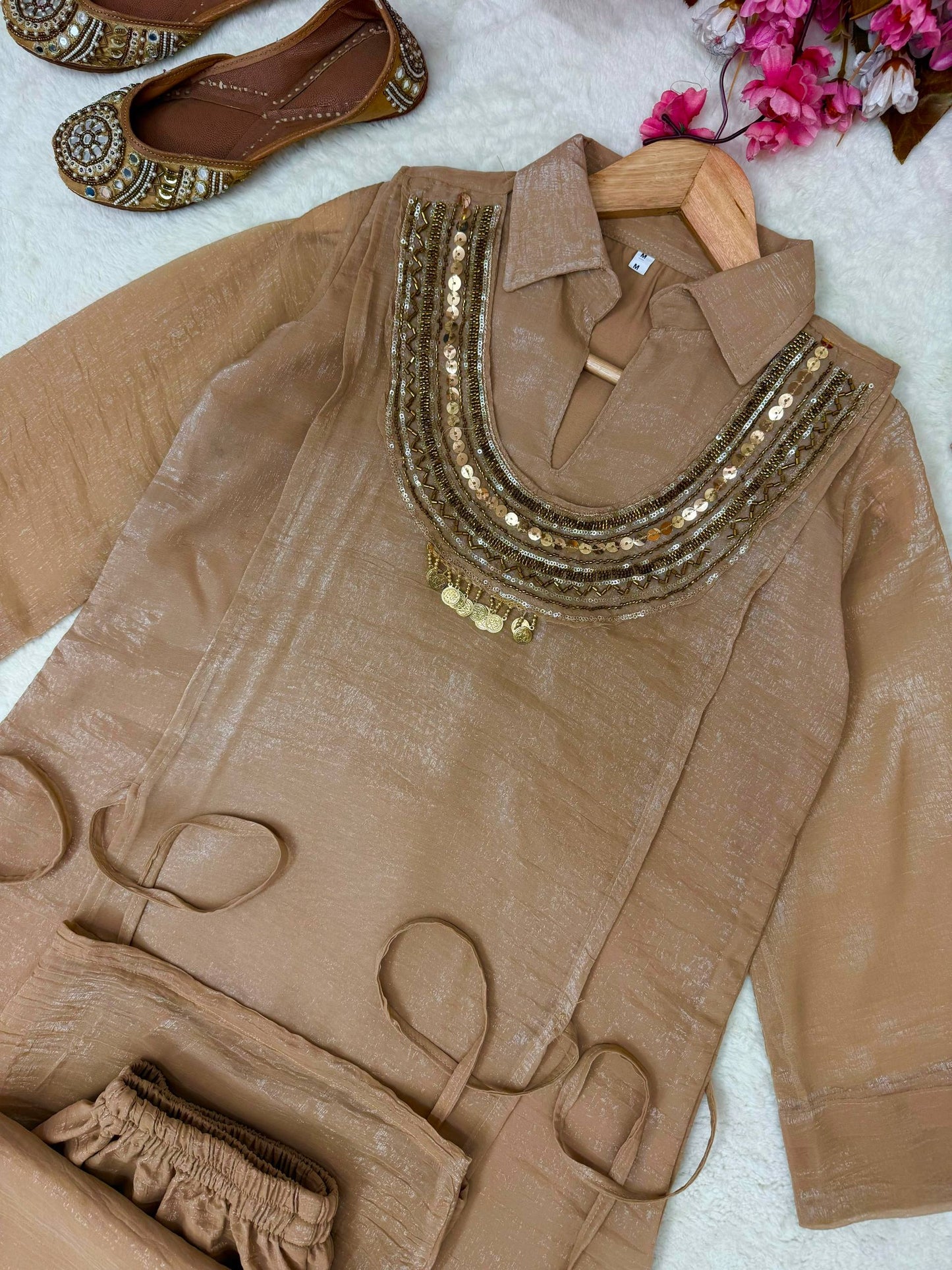 Light Brown Gold Crush Rakhi Special Co-ord Set