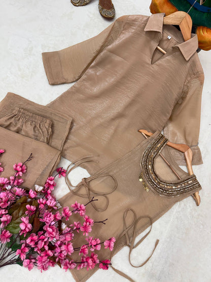 Light Brown Gold Crush Rakhi Special Co-ord Set