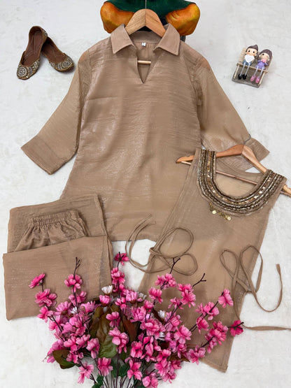 Light Brown Gold Crush Rakhi Special Co-ord Set