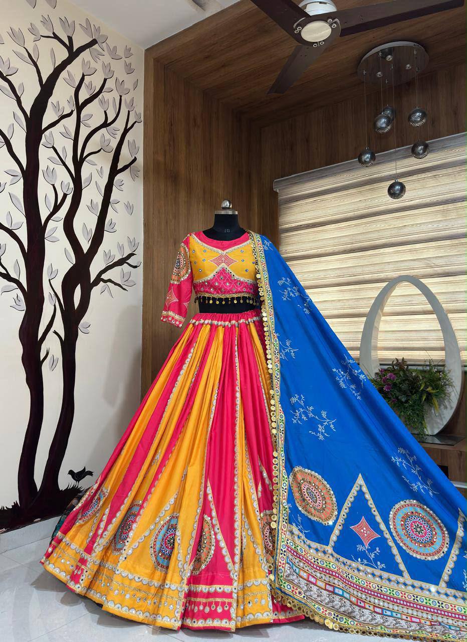 Pink And Yellow Combination Navratri Lehenga With Blue Dupatta