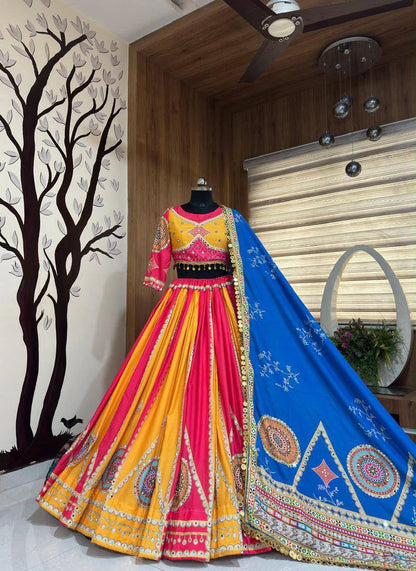 Pink And Yellow Combination Navratri Lehenga With Blue Dupatta