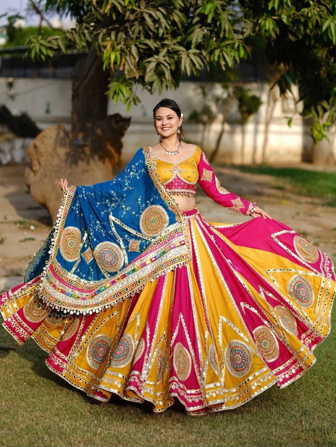 Pink And Yellow Combination Navratri Lehenga With Blue Dupatta