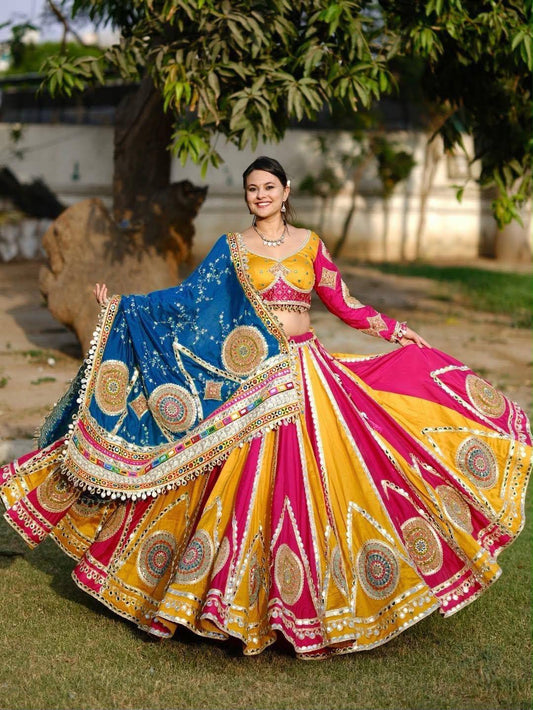Pink And Yellow Combination Navratri Lehenga With Blue Dupatta