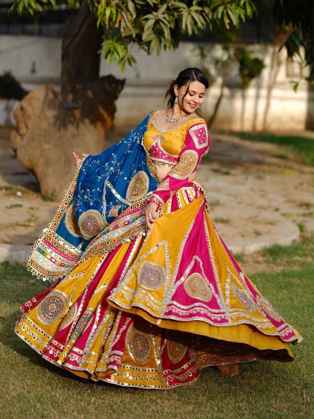 Pink And Yellow Combination Navratri Lehenga With Blue Dupatta