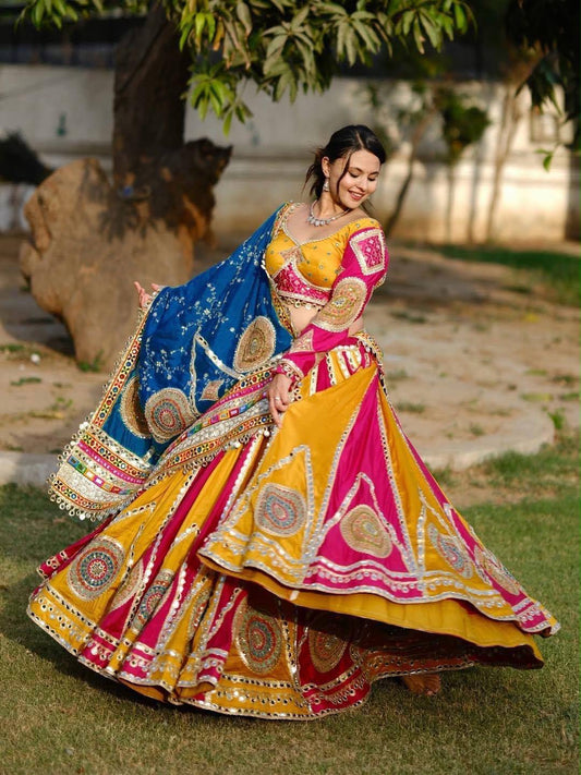 Pink And Yellow Combination Navratri Lehenga With Blue Dupatta