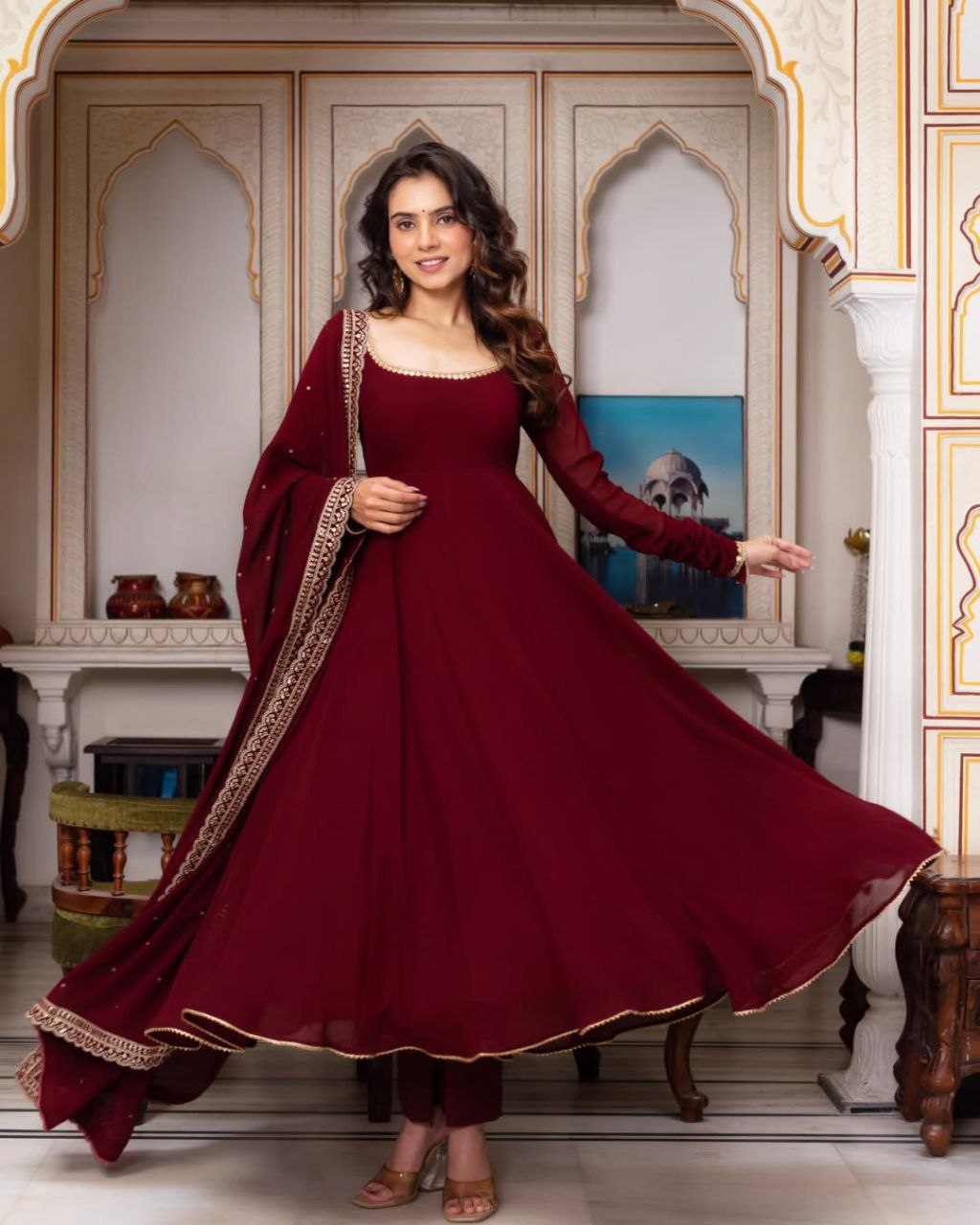 Rich Maroon Anarkali Suit with Embellished Dupatta