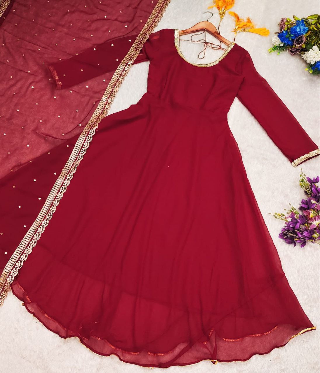 Rich Maroon Anarkali Suit with Embellished Dupatta
