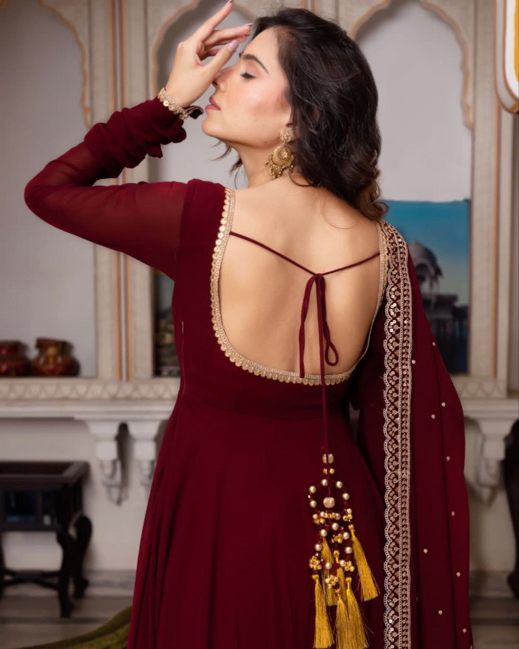Rich Maroon Anarkali Suit with Embellished Dupatta