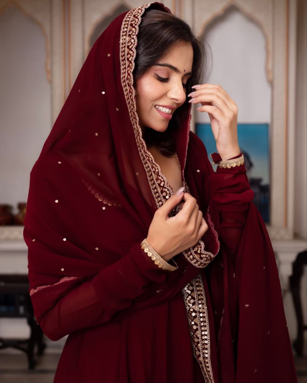 Rich Maroon Anarkali Suit with Embellished Dupatta