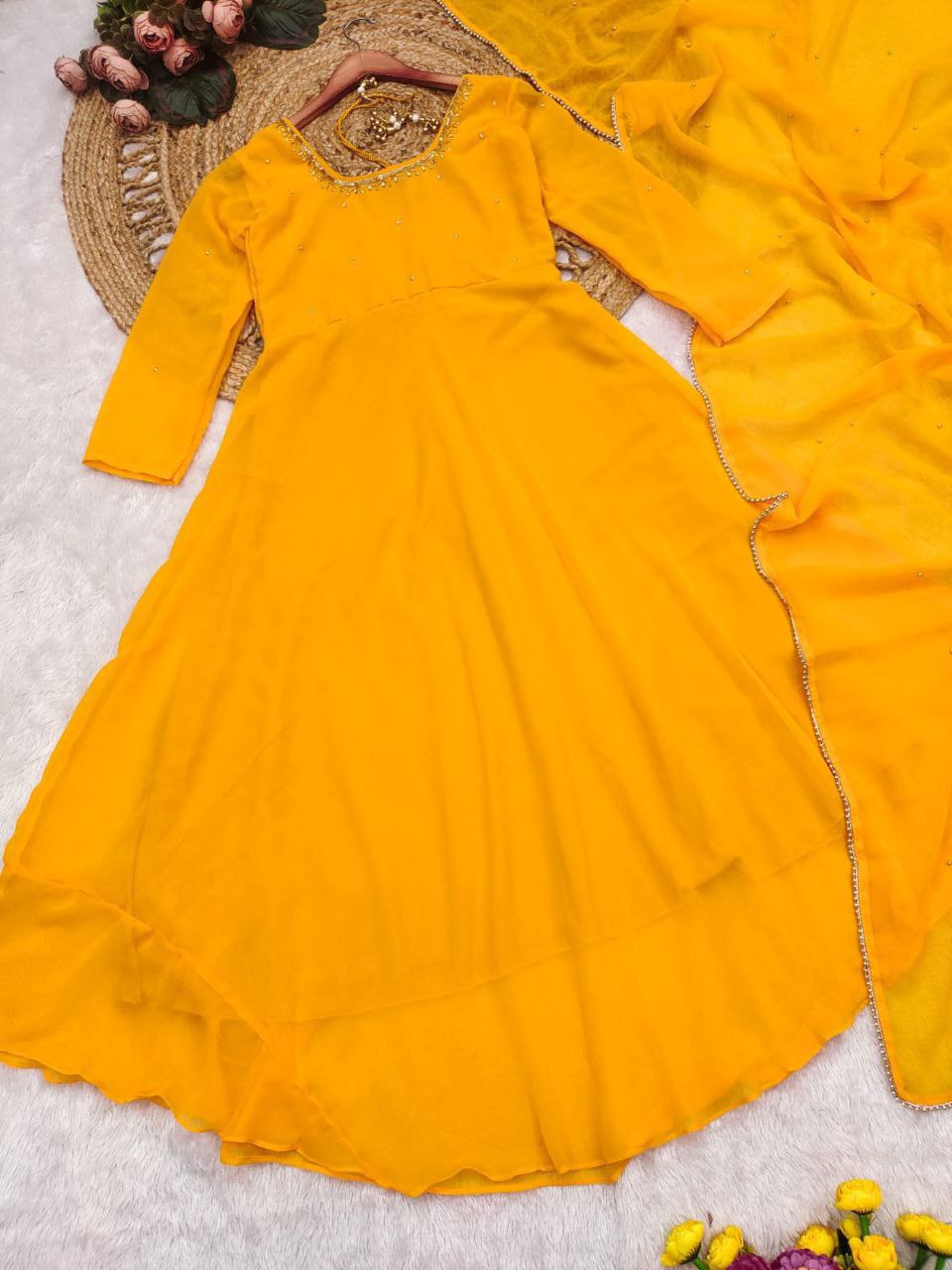 Bright Mustard Yellow Anarkali Suit in Fox Georgette