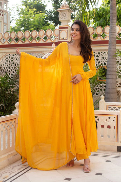 Bright Mustard Yellow Anarkali Suit in Fox Georgette