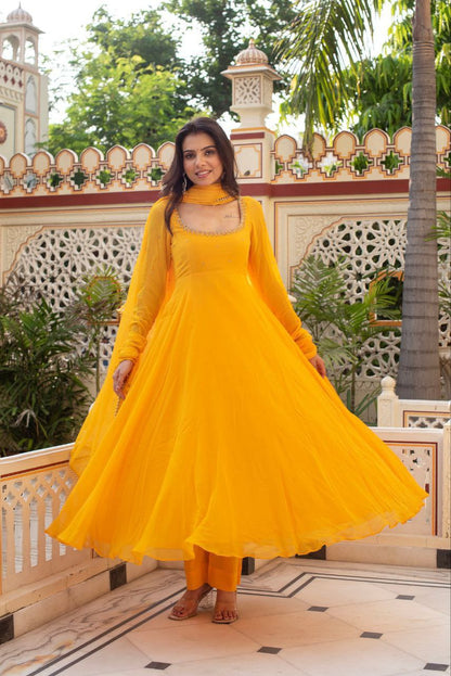 Bright Mustard Yellow Anarkali Suit in Fox Georgette
