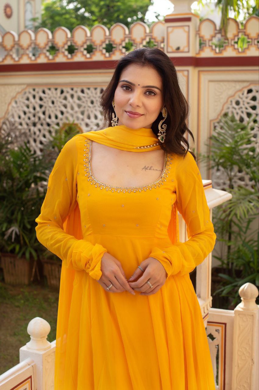 Bright Mustard Yellow Anarkali Suit in Fox Georgette