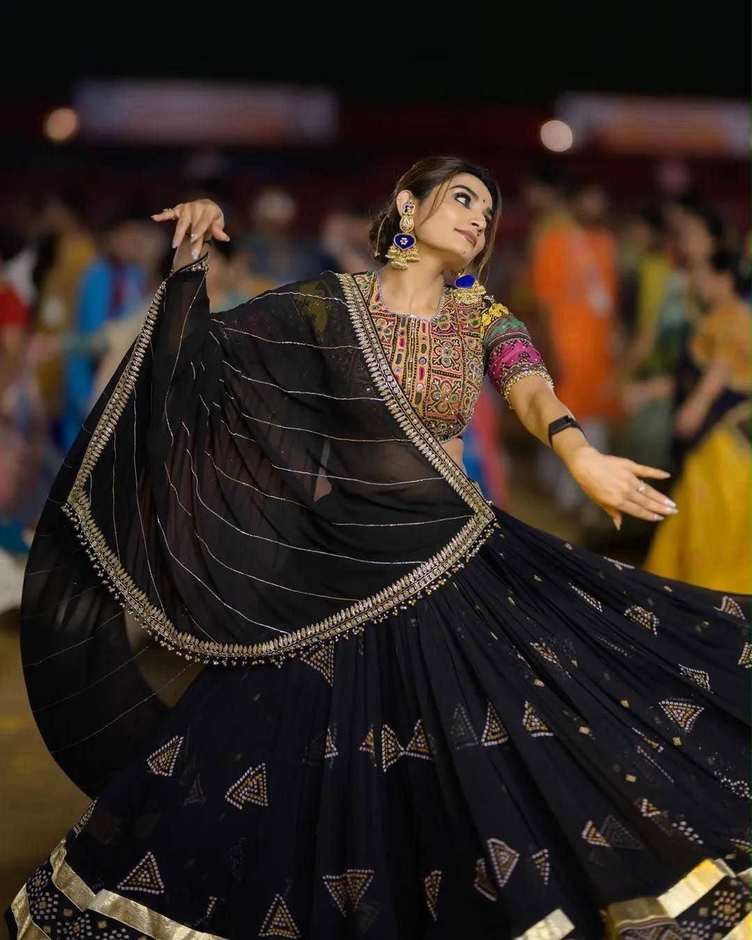 Navratri Special Muslin Cotton Fully Stitched Black Lehenga Choli