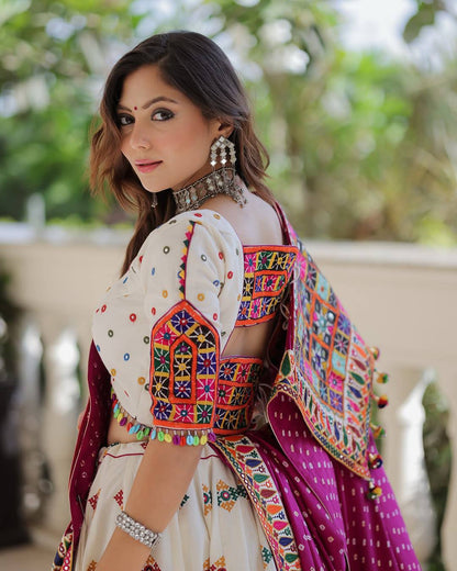 White And Rani Pink Combination Digital Print Navratri Lehenga