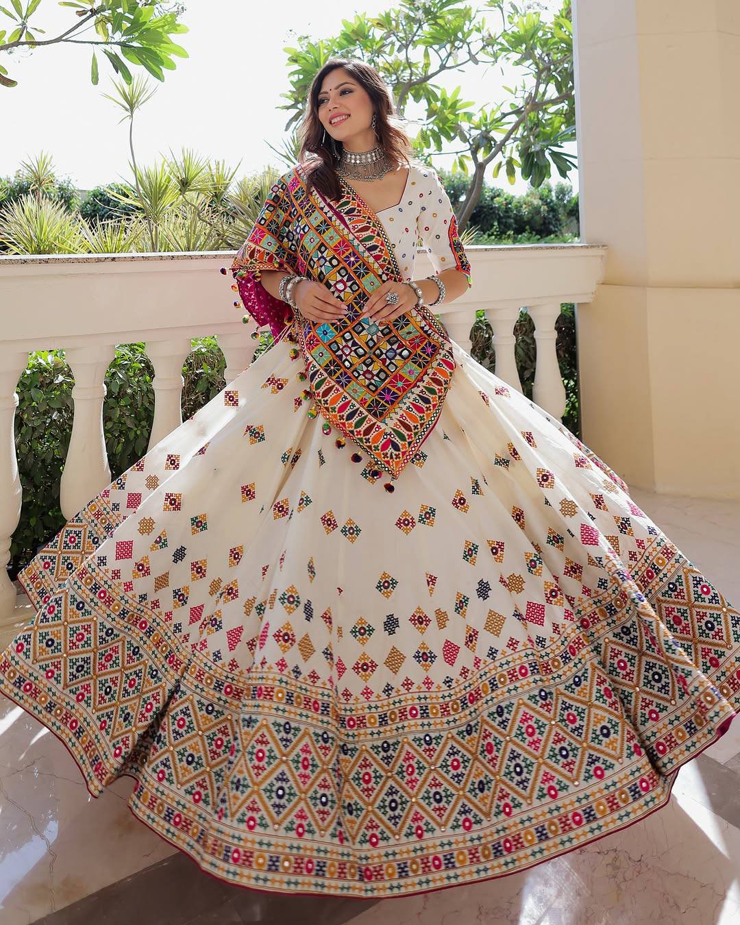 White And Rani Pink Combination Digital Print Navratri Lehenga