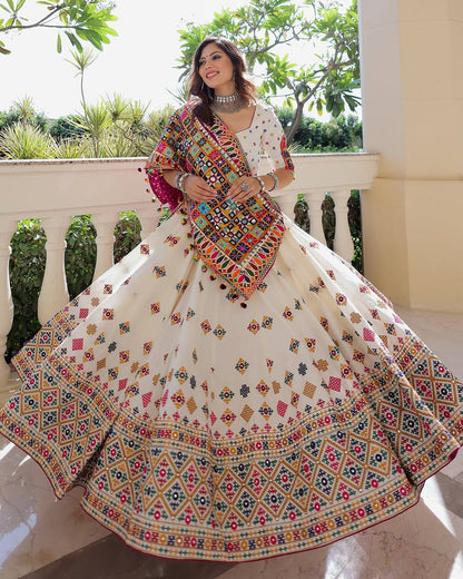 White And Rani Pink Combination Digital Print Navratri Lehenga
