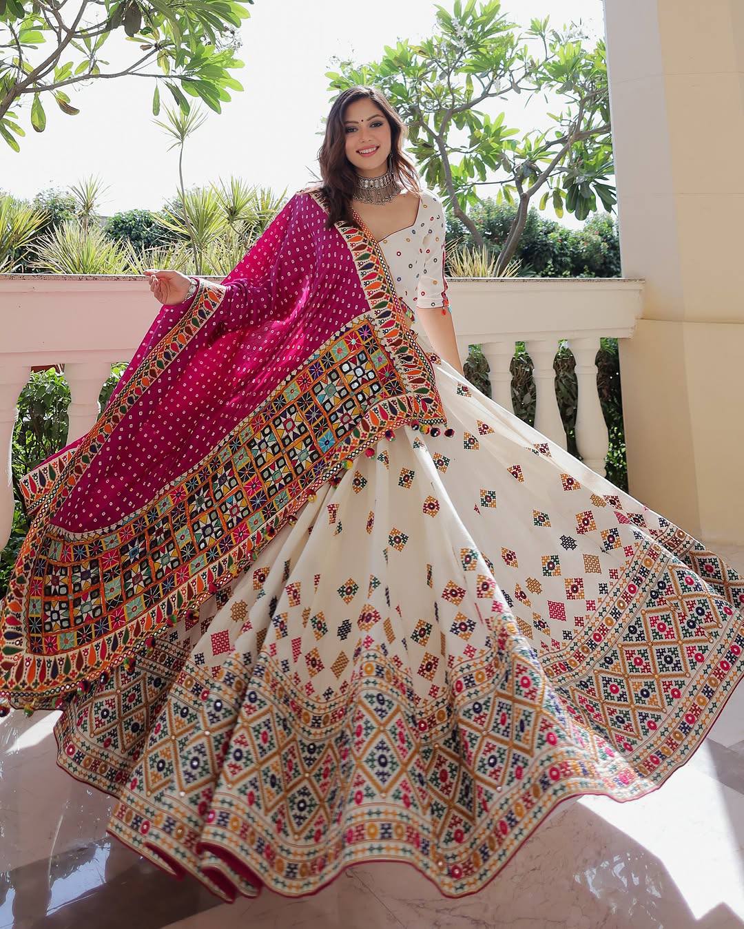 White And Rani Pink Combination Digital Print Navratri Lehenga