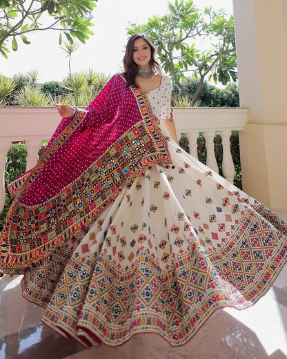 White And Rani Pink Combination Digital Print Navratri Lehenga