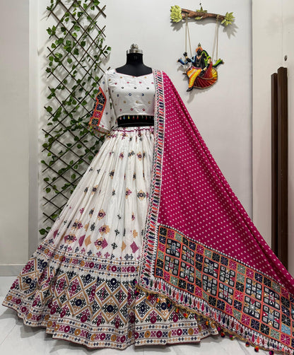 White And Rani Pink Combination Digital Print Navratri Lehenga