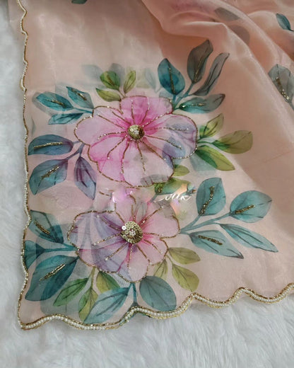 Light Pink Organza Flower Handprint Soft Satin Saree