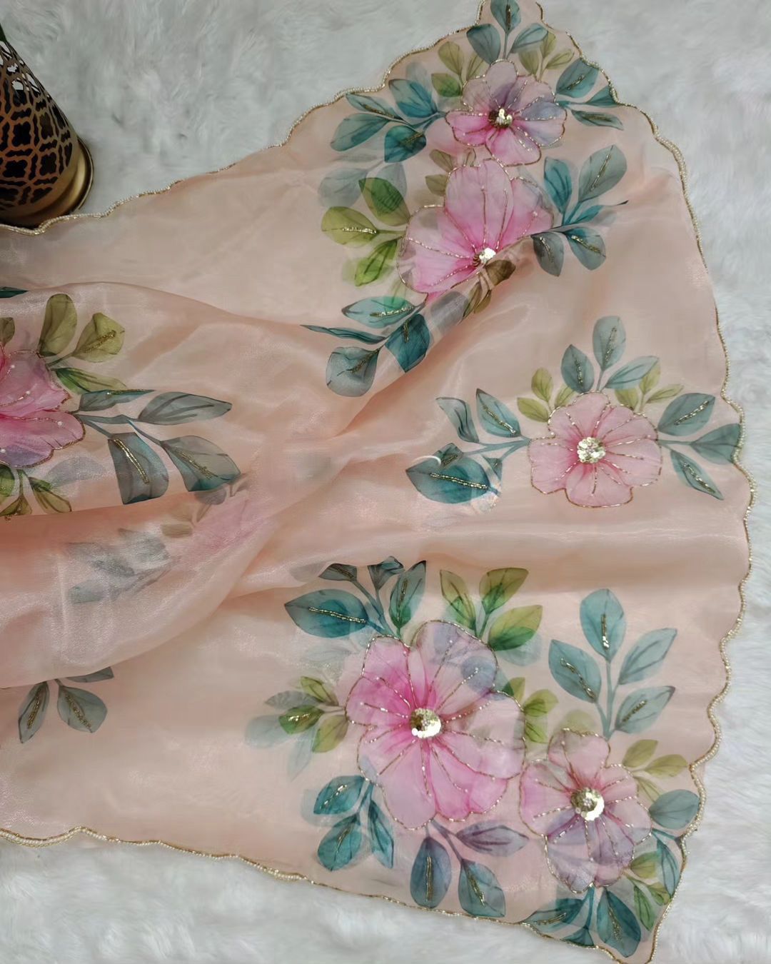 Light Pink Organza Flower Handprint Soft Satin Saree
