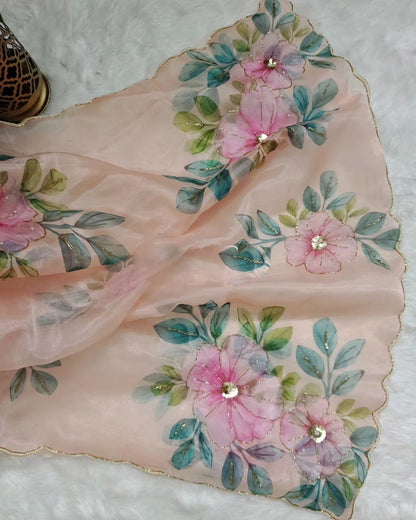 Light Pink Organza Flower Handprint Soft Satin Saree