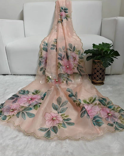 Light Pink Organza Flower Handprint Soft Satin Saree