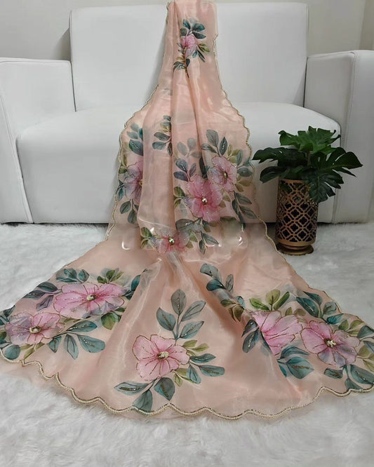 Light Pink Organza Flower Handprint Soft Satin Saree