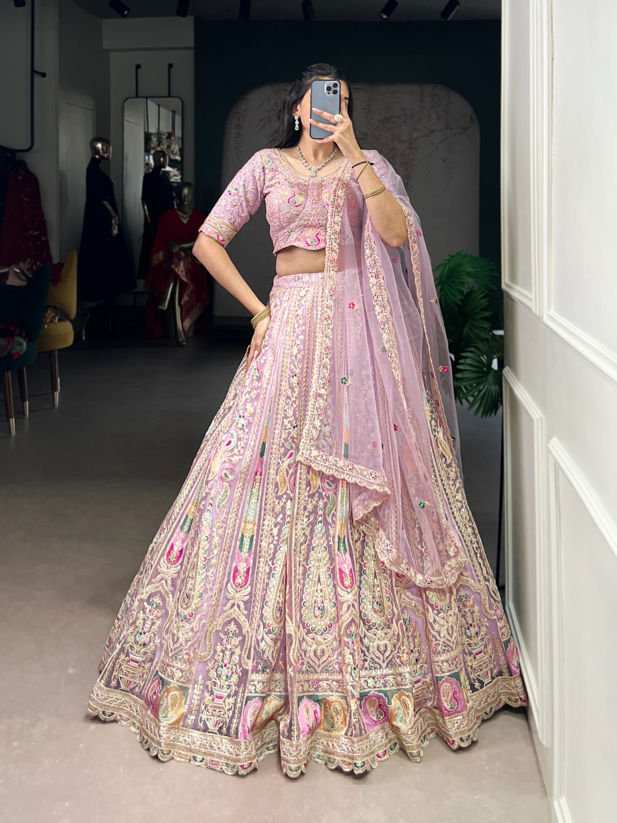 Wedding Wear Lavender Net Lehenga With Tread Work