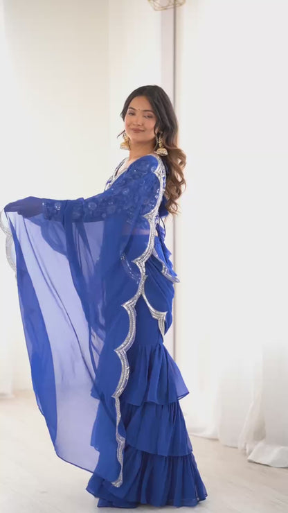 Faux Georgette Ruffle Saree with Thread & Sequin Embroidery and Blouse