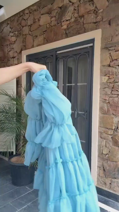 aqua blue with a v-neckline tiered Mini Dress